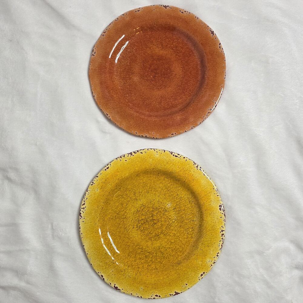 Pier 1 Carmelo Melamine Plates Set of 2 (Yellow & Orange) Rustic Crackle 11"